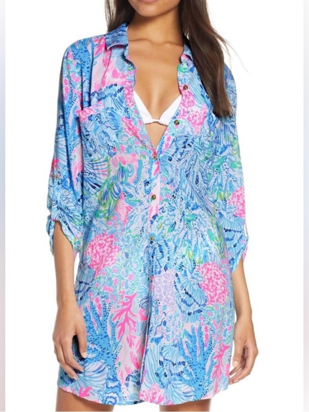 Lily Pulitzer Natalie ShirtDress Coverup Pink Blue Sink or Swim Print XS